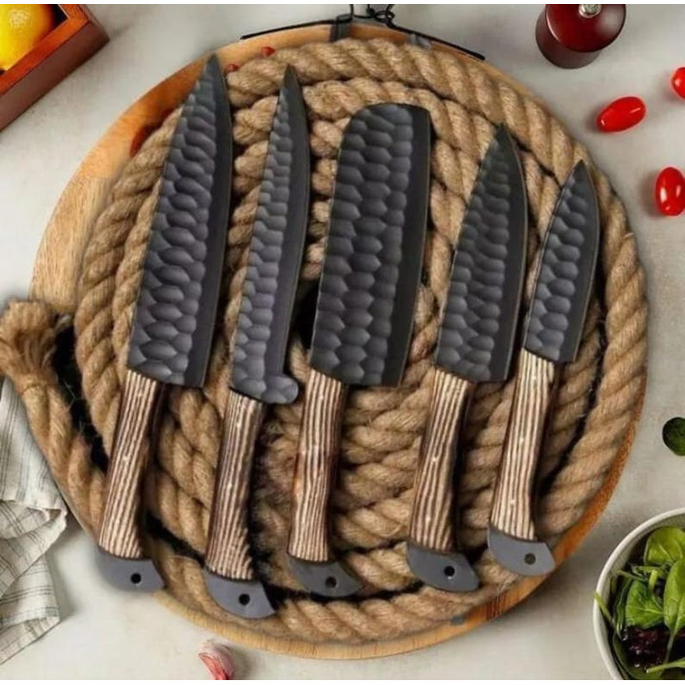 Custom Handmade 5PCS Handforged Carbon Steel Kitchen Chef Knives Set Full Ash Wood Handle With Leat 0