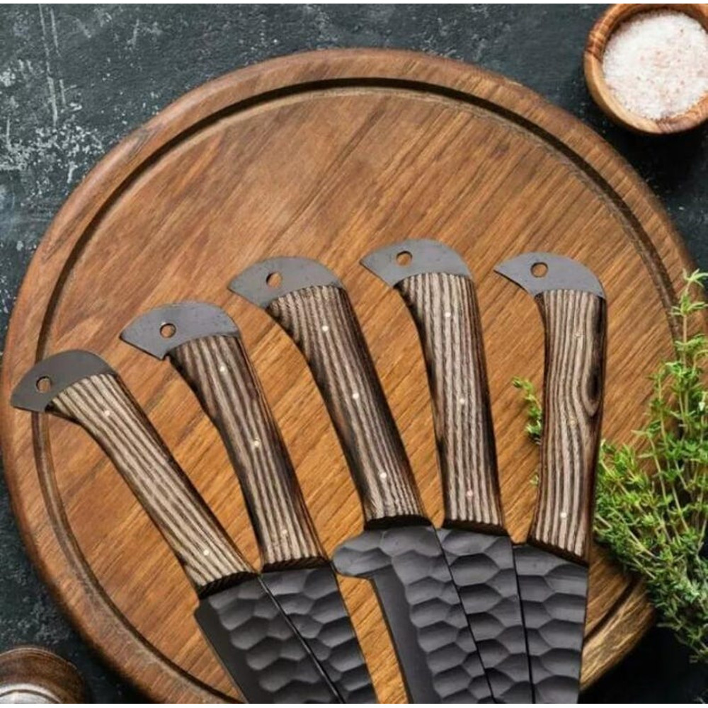 Custom Handmade 5PCS Handforged Carbon Steel Kitchen Chef Knives Set Full Ash Wood Handle With Leat 1