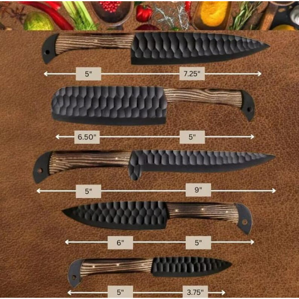 Custom Handmade 5PCS Handforged Carbon Steel Kitchen Chef Knives Set Full Ash Wood Handle With Leat 2