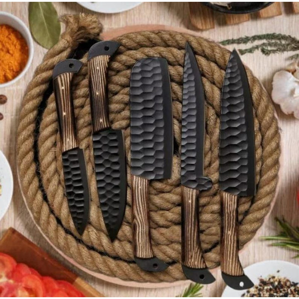 Custom Handmade 5PCS Handforged Carbon Steel Kitchen Chef Knives Set Full Ash Wood Handle With Leat 3
