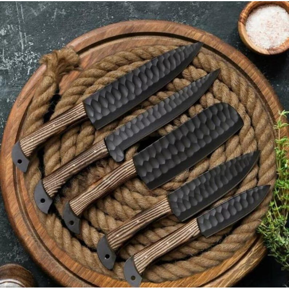 Custom Handmade 5PCS Handforged Carbon Steel Kitchen Chef Knives Set Full Ash Wood Handle With Leat 4