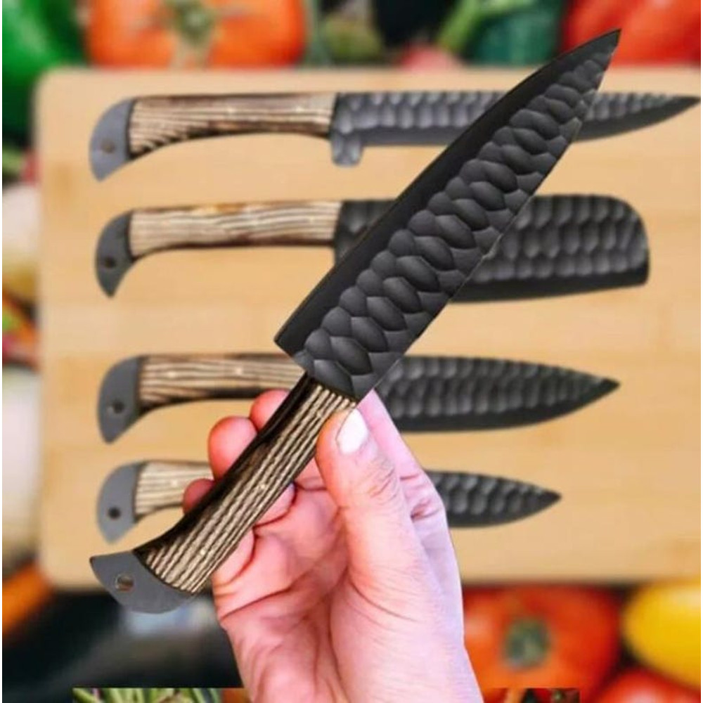 Custom Handmade 5PCS Handforged Carbon Steel Kitchen Chef Knives Set Full Ash Wood Handle With Leat 5