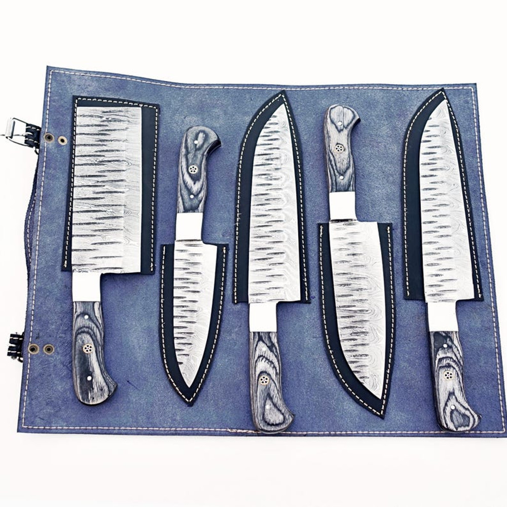 Custom Handmade 5PCS Damascus Steel Kitchen Chef Knives Set Full Tang Pakka Wood And Steel Handle W 1