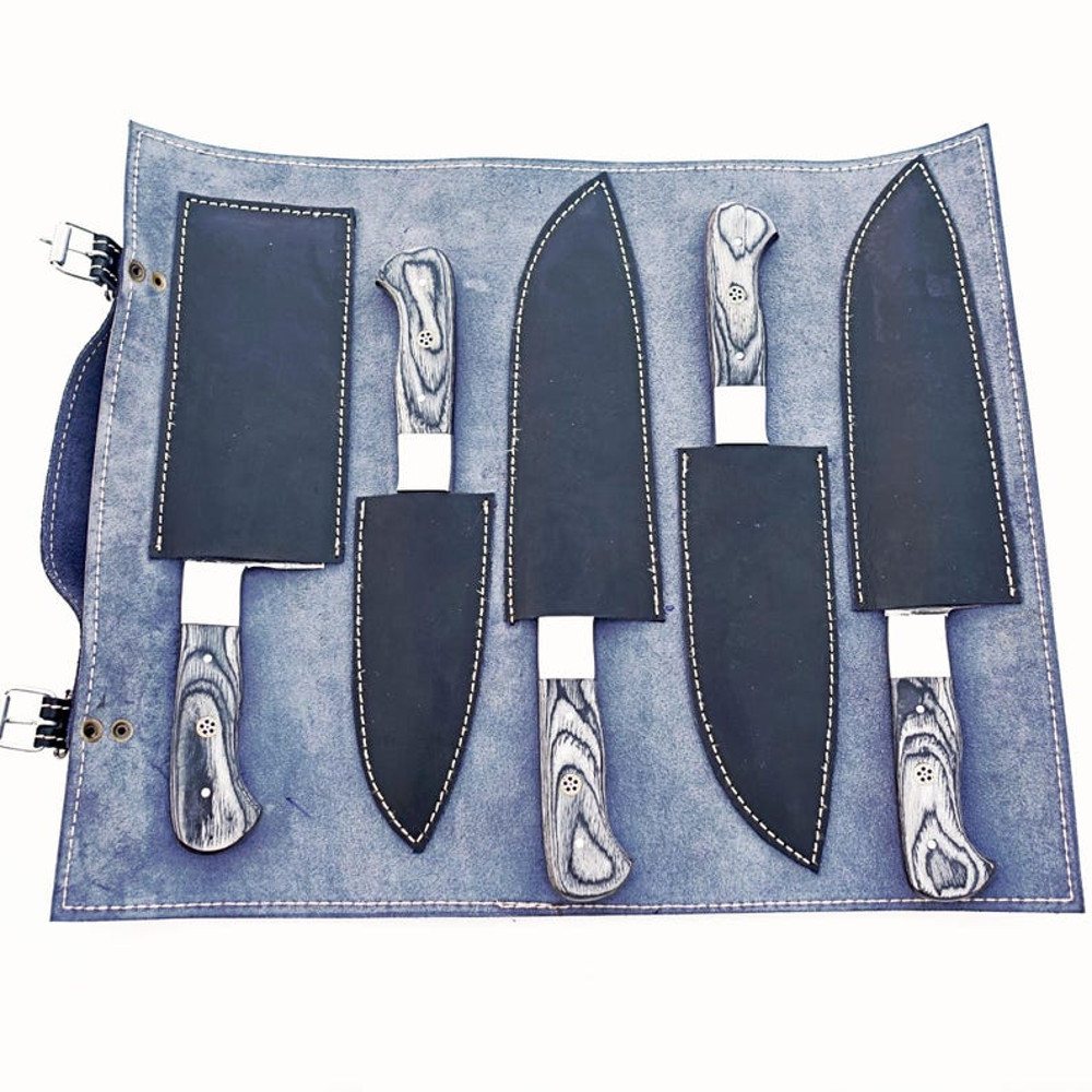 Custom Handmade 5PCS Damascus Steel Kitchen Chef Knives Set Full Tang Pakka Wood And Steel Handle W 7
