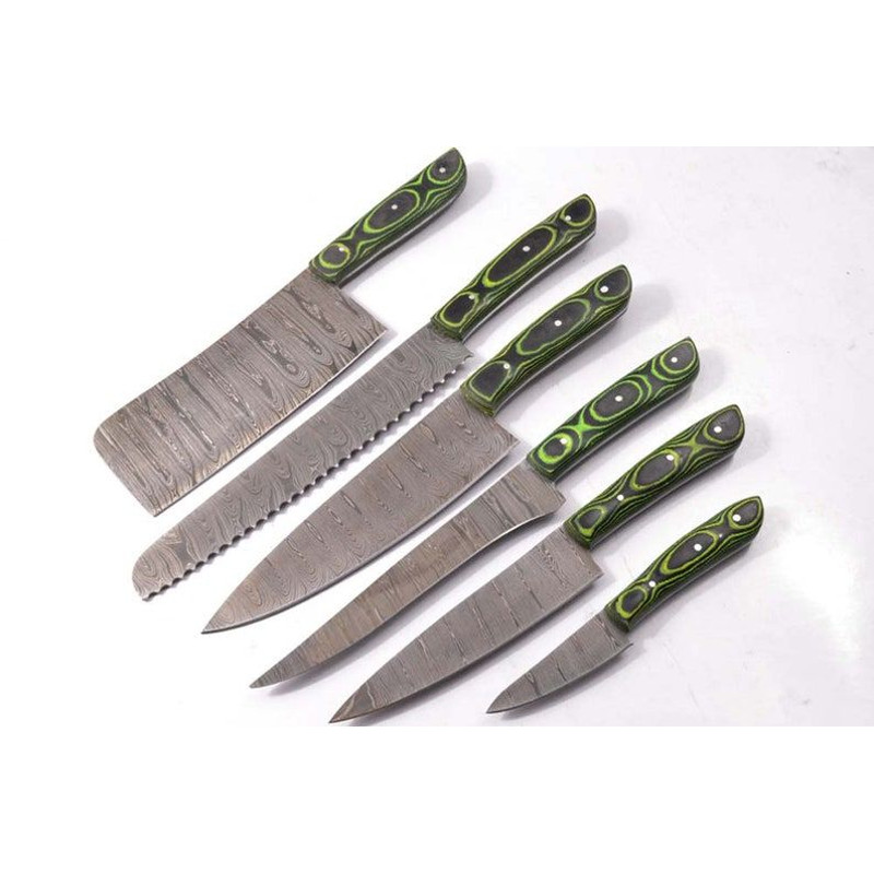 Custom Handmade 6PCS Damascus Steel Kitchen Chef Knives Set Full Tang Green Pakka Wood Handle With 0
