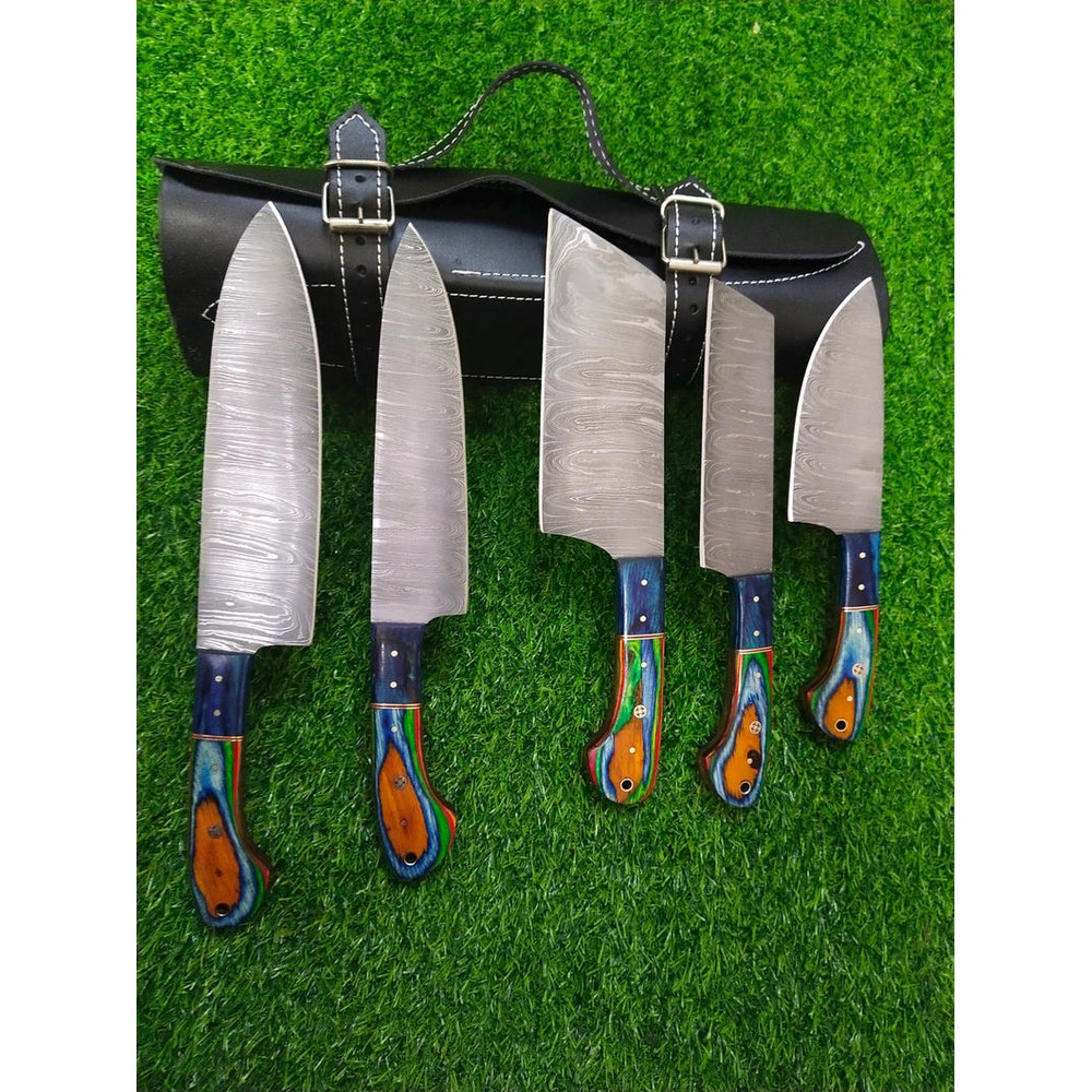 Custom Handmade 5PCS Damascus Steel Kitchen Chef Knives Set Full Tang Multi Pakka Wood Handle With 0