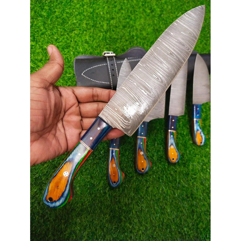Custom Handmade 5PCS Damascus Steel Kitchen Chef Knives Set Full Tang Multi Pakka Wood Handle With 1