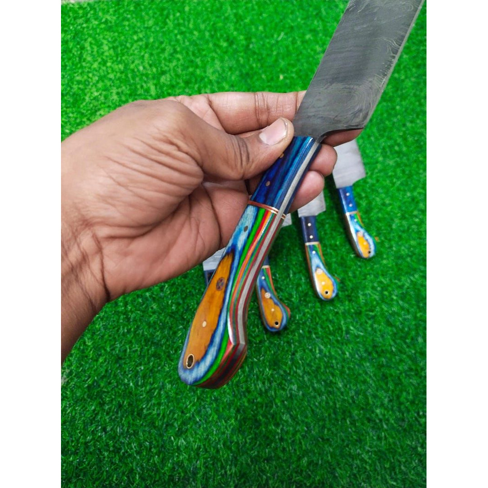 Custom Handmade 5PCS Damascus Steel Kitchen Chef Knives Set Full Tang Multi Pakka Wood Handle With 2