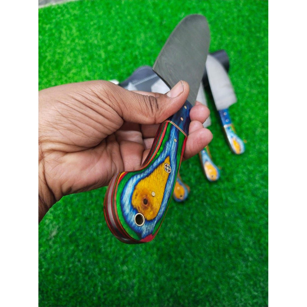 Custom Handmade 5PCS Damascus Steel Kitchen Chef Knives Set Full Tang Multi Pakka Wood Handle With 3