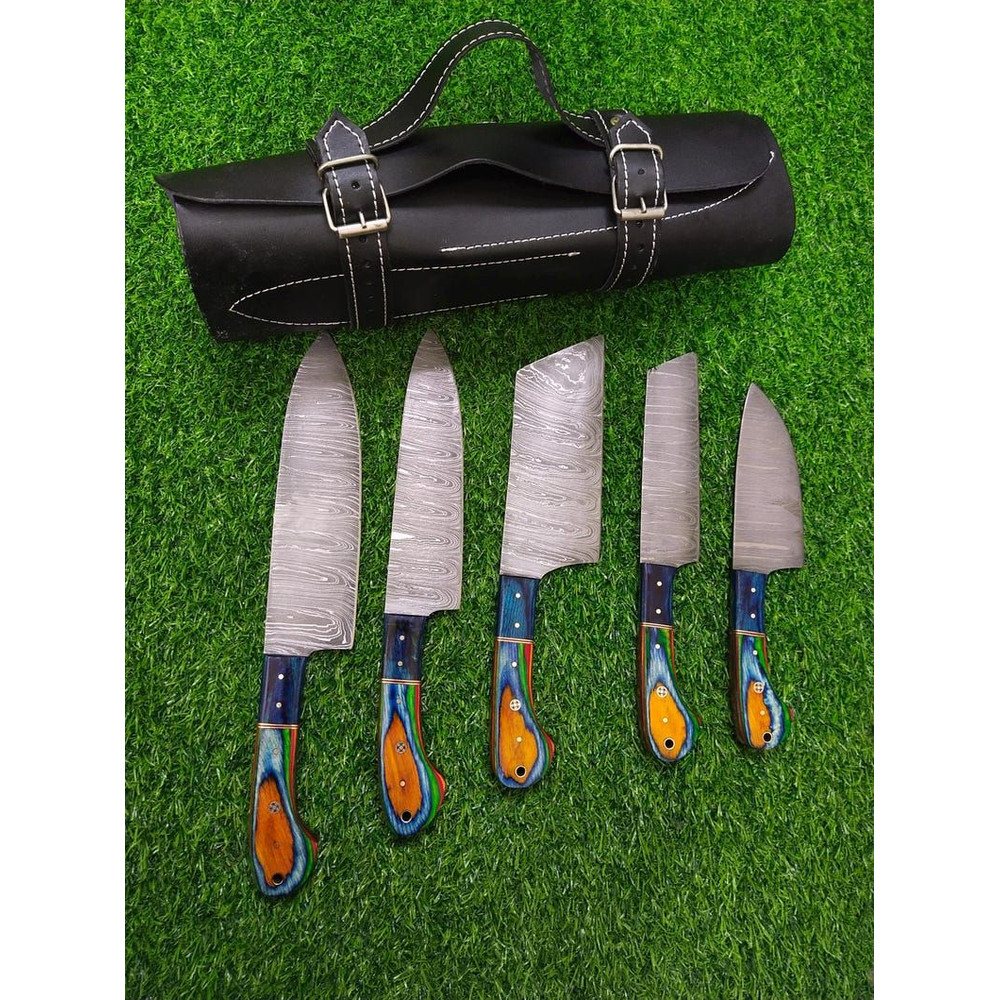Custom Handmade 5PCS Damascus Steel Kitchen Chef Knives Set Full Tang Multi Pakka Wood Handle With 4