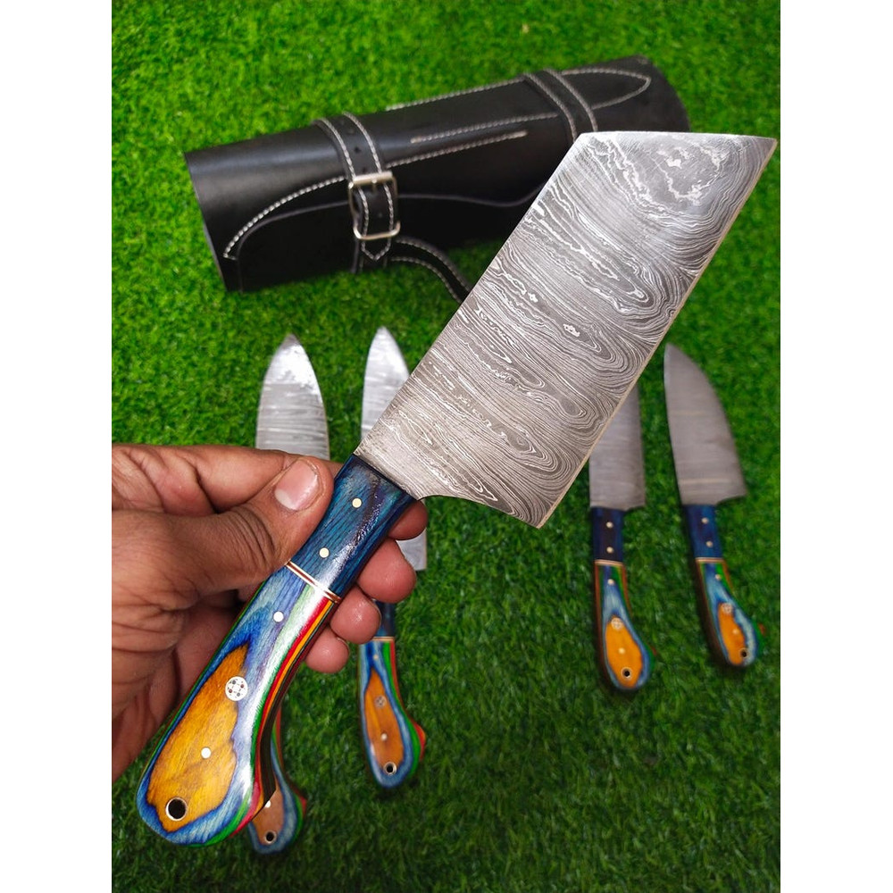 Custom Handmade 5PCS Damascus Steel Kitchen Chef Knives Set Full Tang Multi Pakka Wood Handle With 5