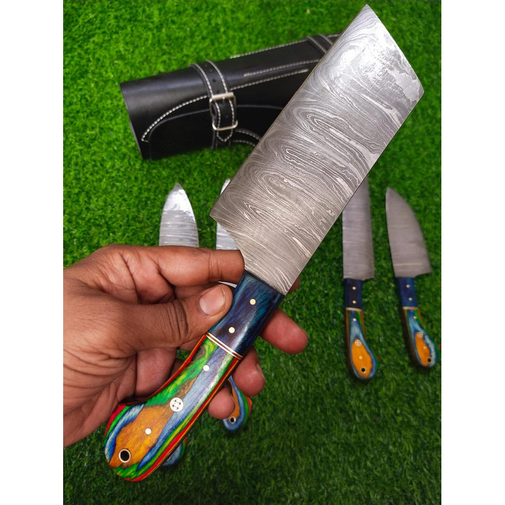Custom Handmade 5PCS Damascus Steel Kitchen Chef Knives Set Full Tang Multi Pakka Wood Handle With 6