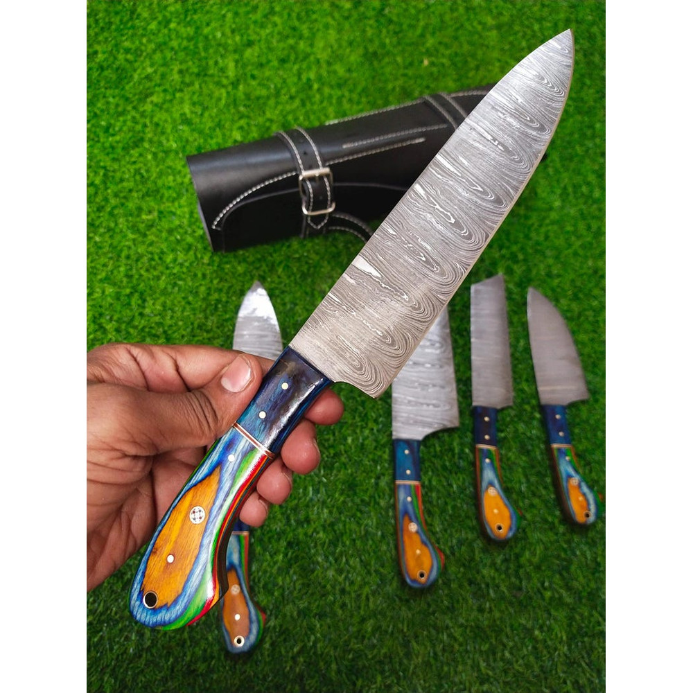 Custom Handmade 5PCS Damascus Steel Kitchen Chef Knives Set Full Tang Multi Pakka Wood Handle With 7
