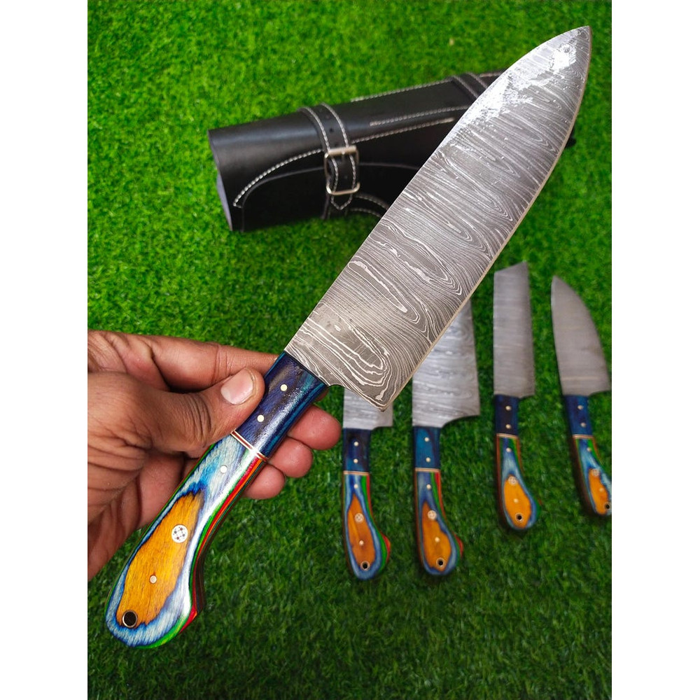 Custom Handmade 5PCS Damascus Steel Kitchen Chef Knives Set Full Tang Multi Pakka Wood Handle With 8