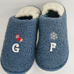 personalized embroidered slip-on design winter warmer slippers fuzzy fluffy cozy two in one slipper anti slip sole indoo