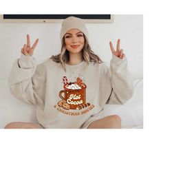 hot cocoa and christmas movies sweater, vintage christmas sweatshirt, womens cute santa, xmas graphic pullover, holiday