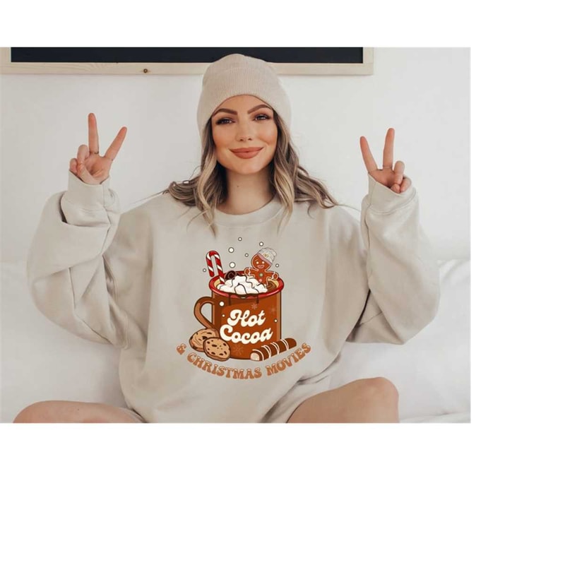 Hot Cocoa And Christmas Movies Sweater, Vintage Christmas Sweatshirt, Women's Cute Santa, Xmas Graphic Pullover, Holiday.jpg