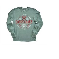long sleeve retro christmas comfort colors shirt, old fashioned candy cane, vintage holiday shirt, santa shirt, retro ch