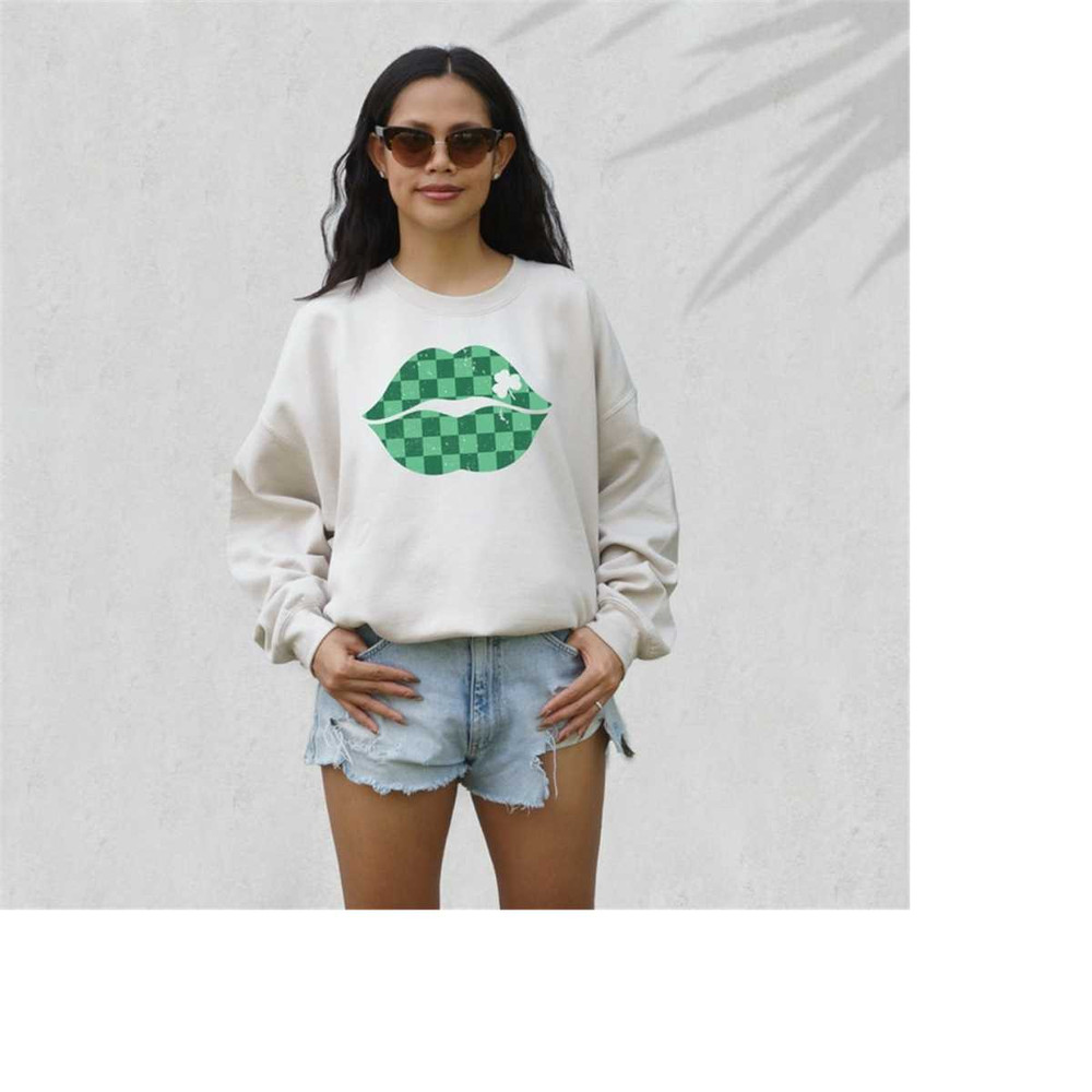 Lucky Retro Sweatshirt, Checkered Lips Sweater, St Patricks Day, Lucky Pullover, Womens Lucky Sweatshirt, Lucky Crewneck 1.jpg