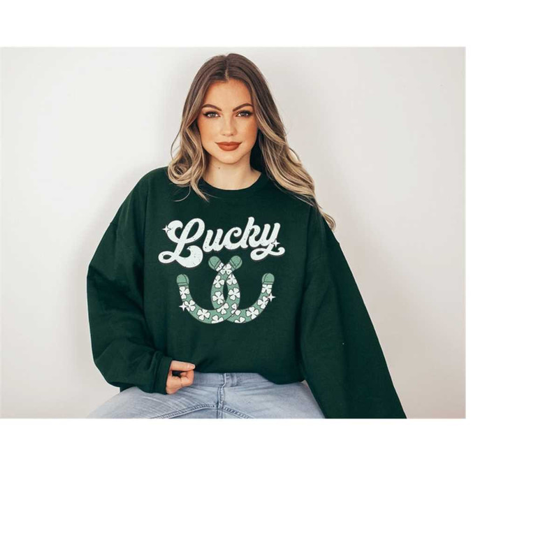 Lucky Retro Sweatshirt, Lucky Horseshoe, St Patricks Day Sweatshirt, Lucky Pullover, Womens Lucky Sweatshirt, Lucky Crew 1.jpg