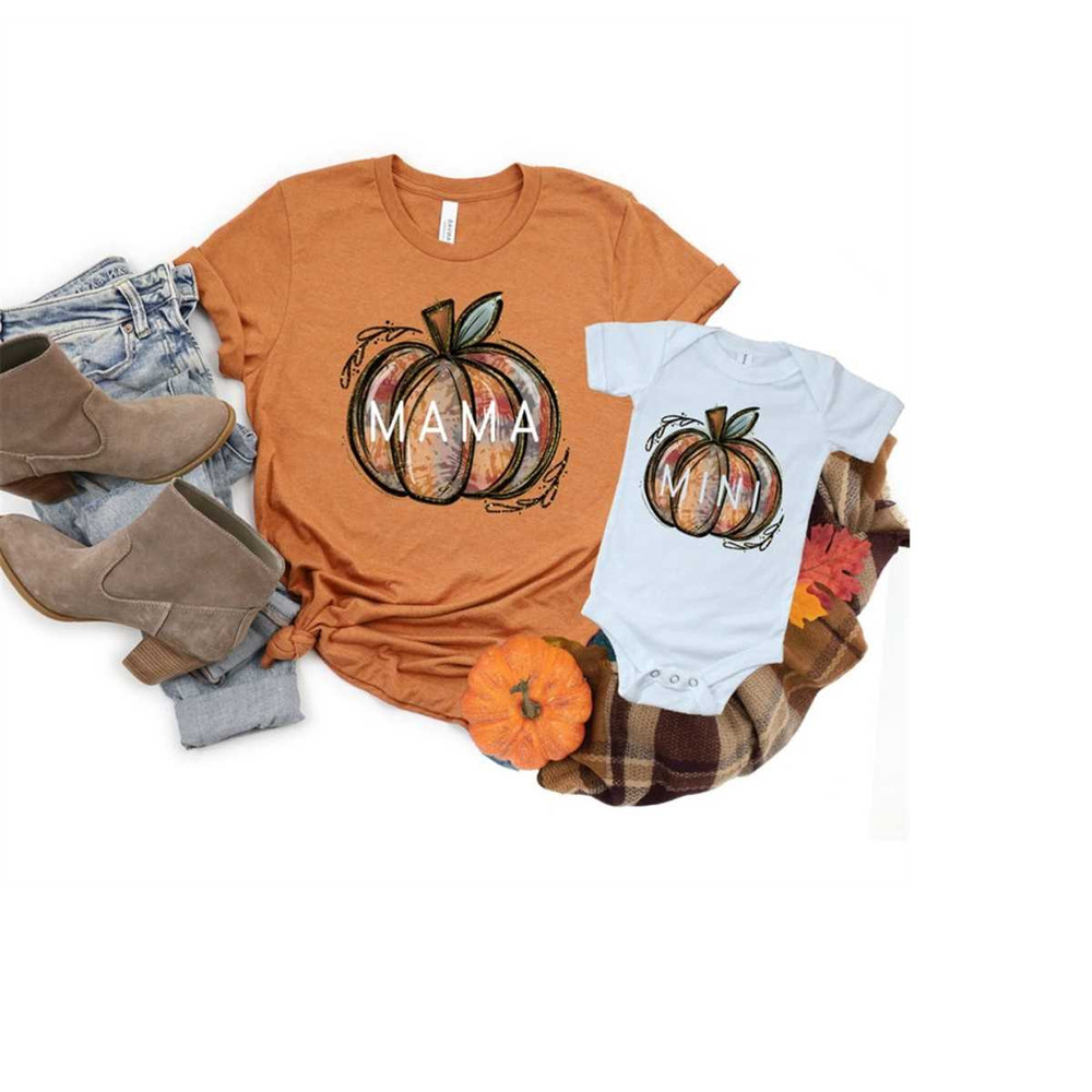 Mommy and Me Shirts, Thankful Mama & Mini Watercolor Pumpkin Funny Mom Daughter Son Matching Shirt Mom Toddler Youth.jpg