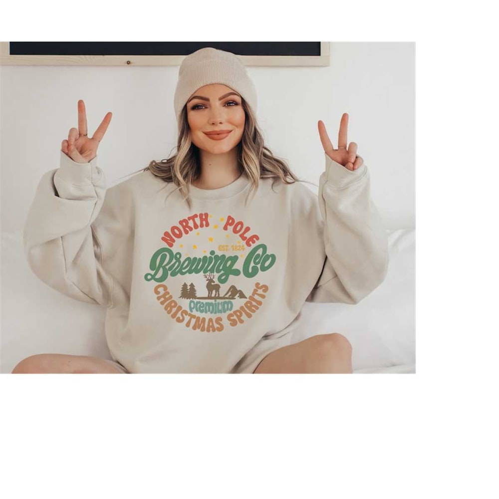 North Pole Brewing Company Sweater, Vintage Christmas, Christmas Sweatshirt, Women's Cute Santa, Xmas Graphic Pullover, 1.jpg