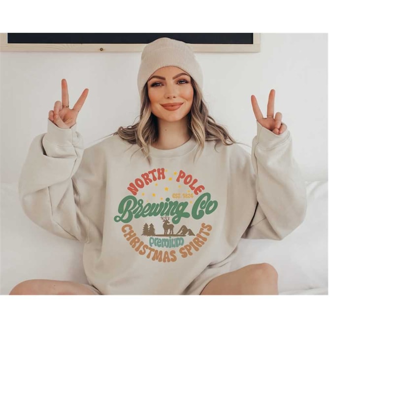 North Pole Brewing Company Sweater, Vintage Christmas, Christmas Sweatshirt, Women's Cute Santa, Xmas Graphic Pullover, 1.jpg
