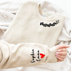 custom mama sweatshirt with kid name on sleeve,personalized mom sweatshirt,minimalist momma sweater, christmas gift for