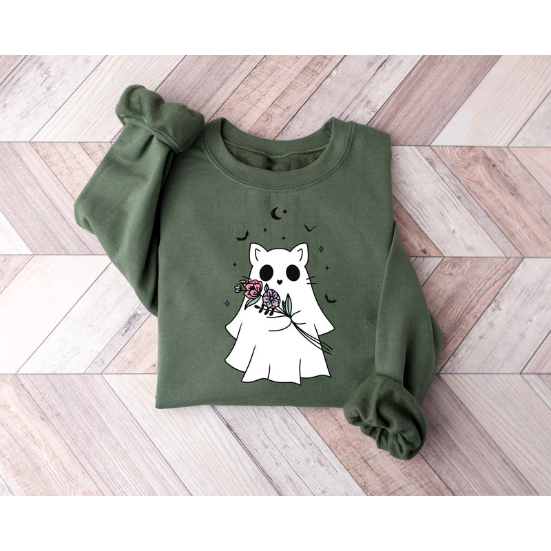 Flower Ghost Cat Sweatshirt, Halloween Shirts, Halloween Black Cat Sweatshirt, Halloween Ghost Shirt, Halloween Cat Shirt, Cat Lover Shirt.jpg