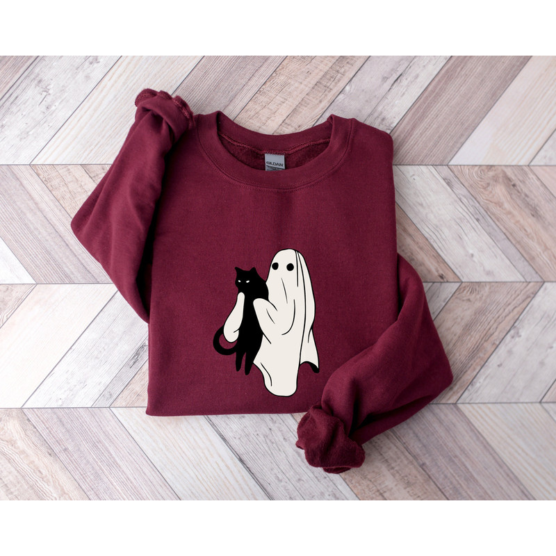 Black Cat Halloween Sweatshirt, Ghost and Black Cat Halloween Sweatshirt, Cute Ghost Halloween Shirt, Spooky Season, Womens Halloween Shirt.jpg