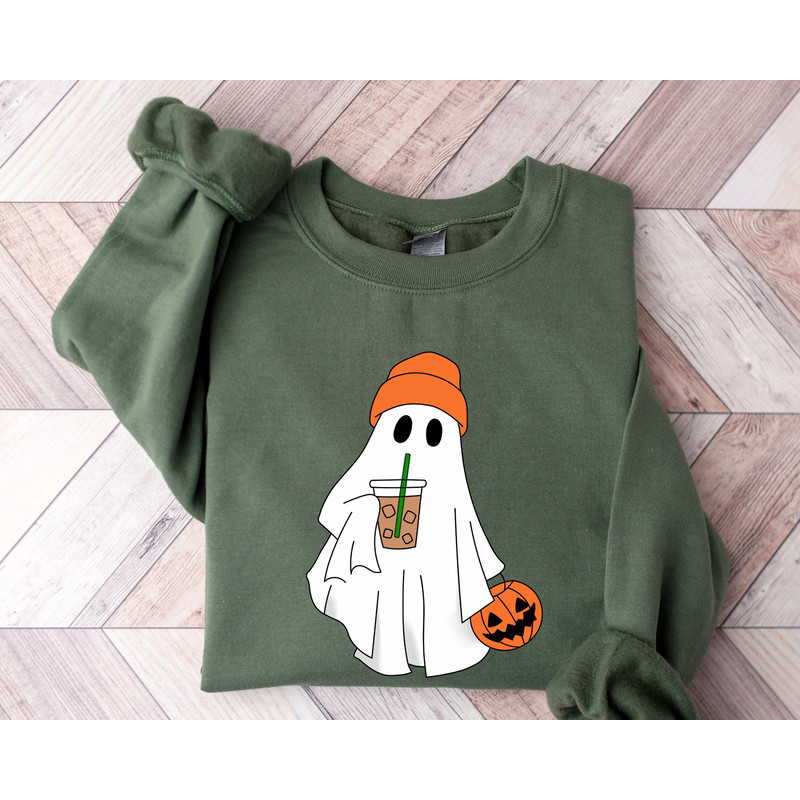 Cute Ghost Drinking Coffee Sweatshirt, Ghost Ice Coffee, Spooky Season, Fall Coffee Lover Hoodie, Halloween Party Shirt, Fall Graphic Shirt.jpg