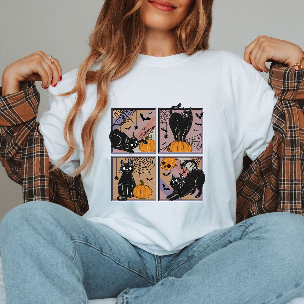 Black Cat Pumpkin Halloween Tshirt, Fall Boho Halloween Sweatshirt, Halloween Bat And Cat Tee, Pumpkin Season Party Gifts, Unique Gifts.jpg