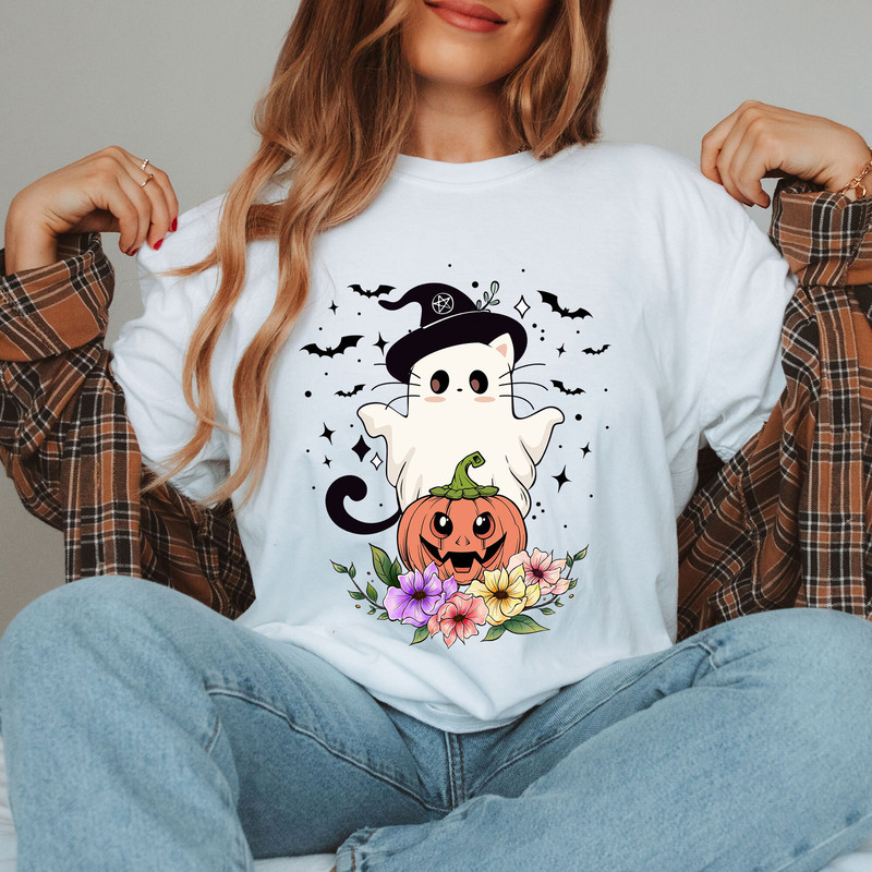 Cat Ghost Pumpkin Tshirt, Fall Floral Halloween Sweatshirt, Groovy Ghost Tee, Spooky Vibes Party Gifts, Retro Halloween Shirts.jpg