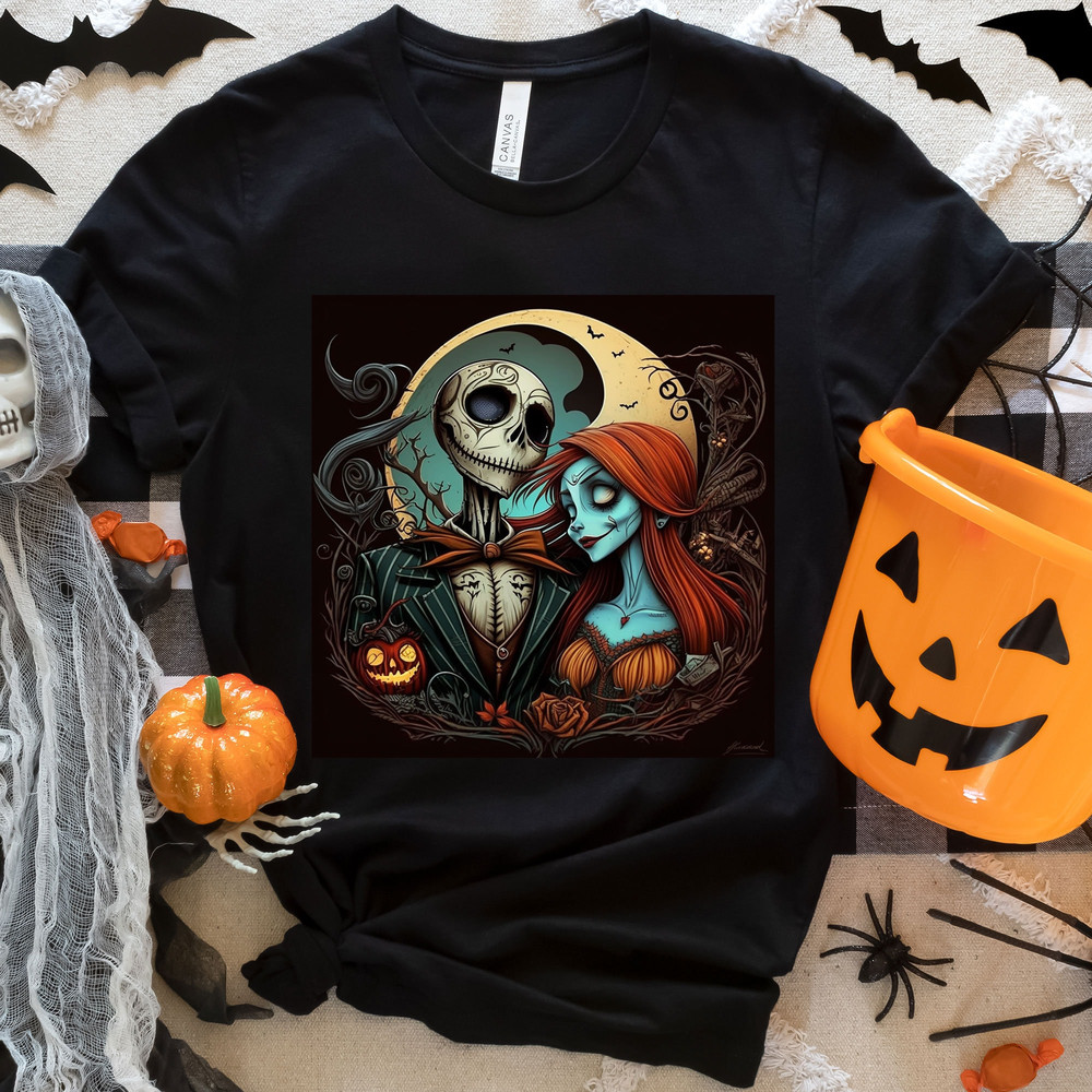 Jack And Sally Color Design Tshirt, Halloween Shirt, Nightmare Before Christmas Shirt, Fall Womens Sweatshirt, Halloween Skeleton Vibes Tee.jpg