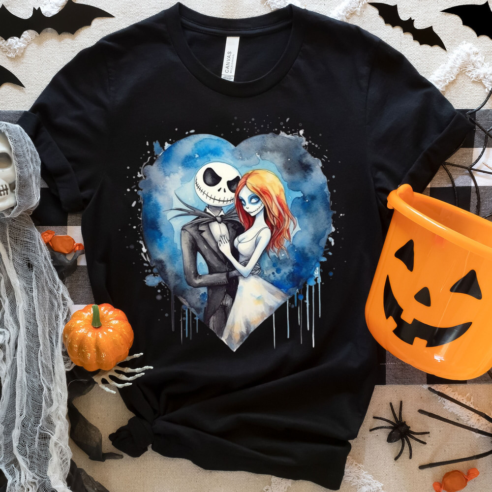 Vintage Jack And Sally Watercolor Tshirt, Fall Skellington Sweatshirt, Halloween Shirt, Nightmare Before Christmas Tee, Skeleton Season Tee.jpg