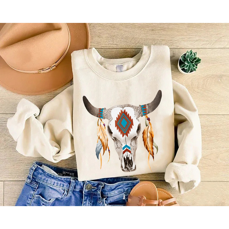 Cow Skull Sweatshirt, Western American Cow Skull Sweatshirt, Western Aztec Bull Skull Sweatshirt, Western Gift, Cowgirl Sweater, Howdy Girl.jpg