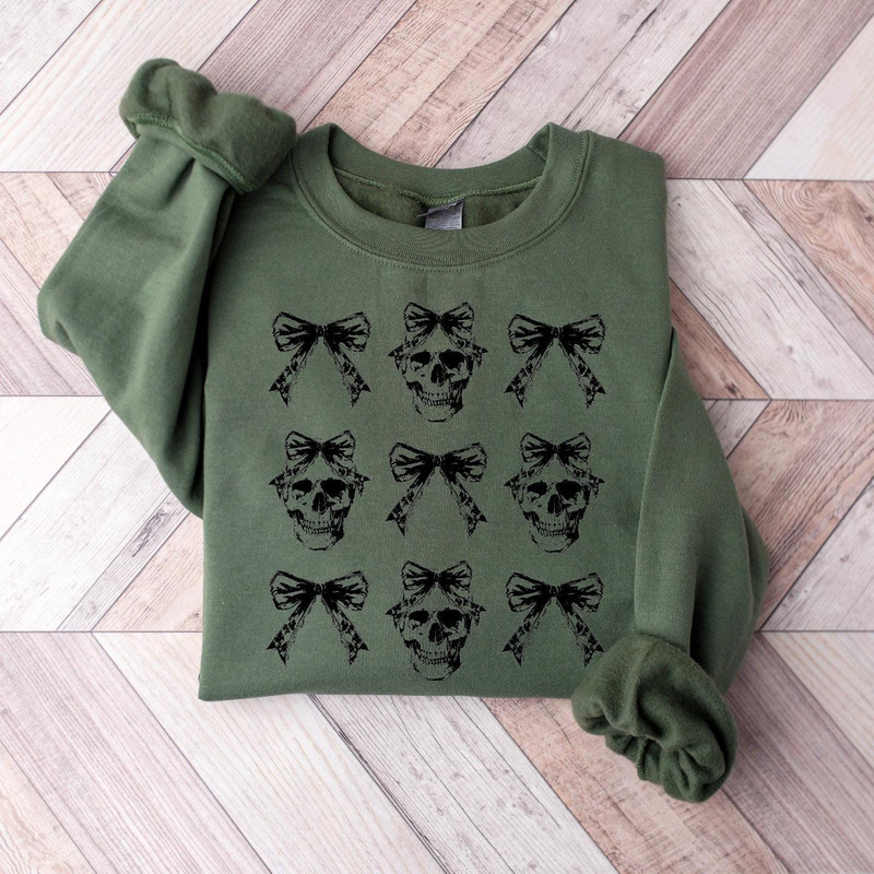 Coquette Bow Skeleton Sweatshirt, Cute Halloween Skeleton Sweatshirt, Halloween Skull Shirt, Spooky Season, Happy Halloween Shirt.jpg