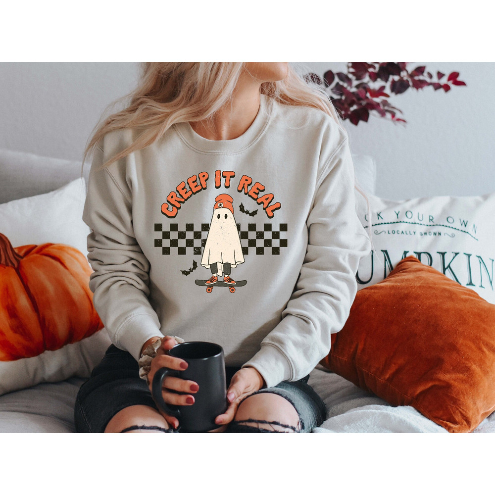 Creep It Real Halloween Sweatshirt, Cute Ghost Halloween Shirt, Women Halloween Shirt, Spooky Season, Fall Shirt, Retro Halloween Shirt.jpg