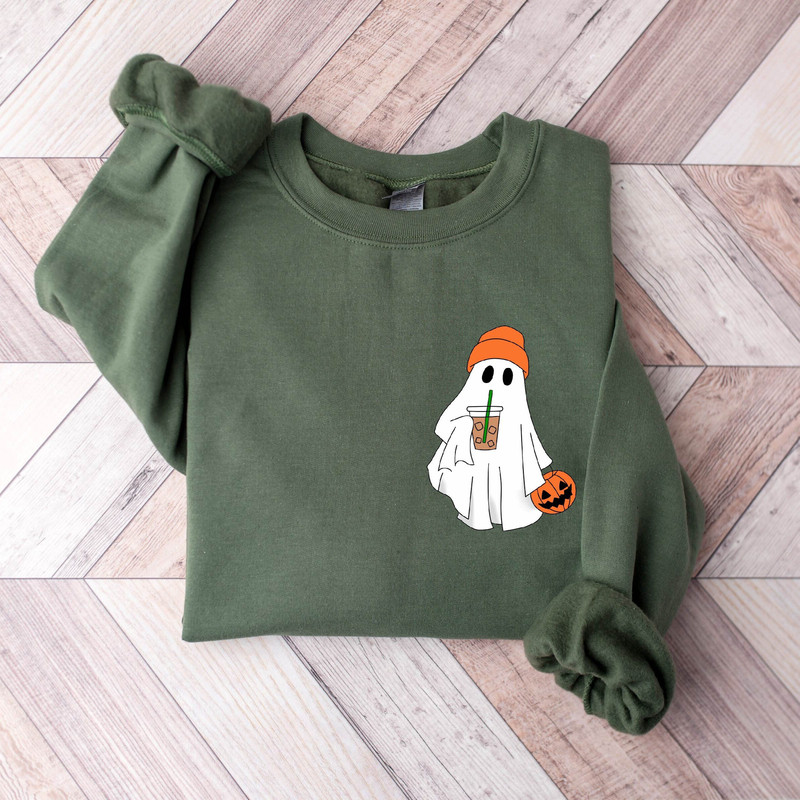 Cute Spooky Coffee Sweatshirt, Trick Or Treat, Womens Ghost Sweatshirt, Spooky Season Vibes, Fall Coffee Lover Shirt, Halloween Party Shirt.jpg