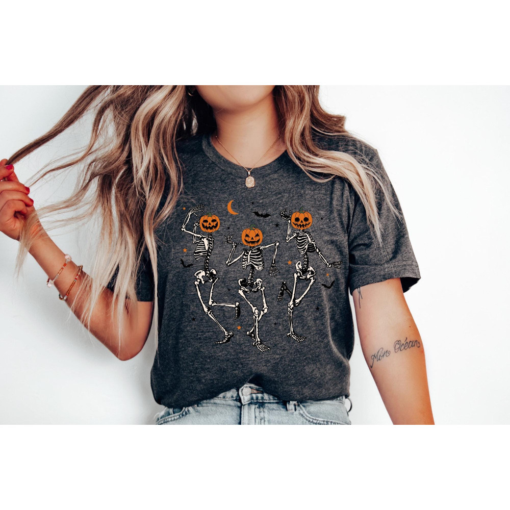 Dancing Skeleton Shirt, Cute Halloween Shirt, Womens Halloween Shirt, Halloween Party Shirt, Halloween Gift, Fall Graphic Tee, Pumpkin Shirt.jpg