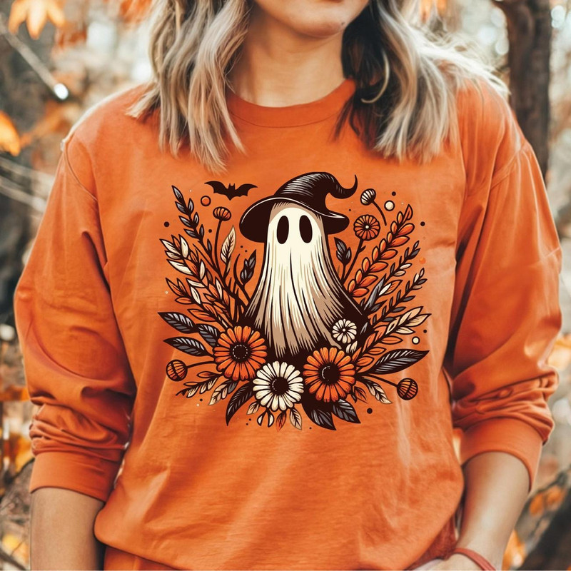 Floral Ghost Sweatshirt, Cute Ghost Sweatshirt, Womens Halloween Sweatshirt, Spooky Season, Halloween Party Shirt, Fall Graphic Shirt.jpg