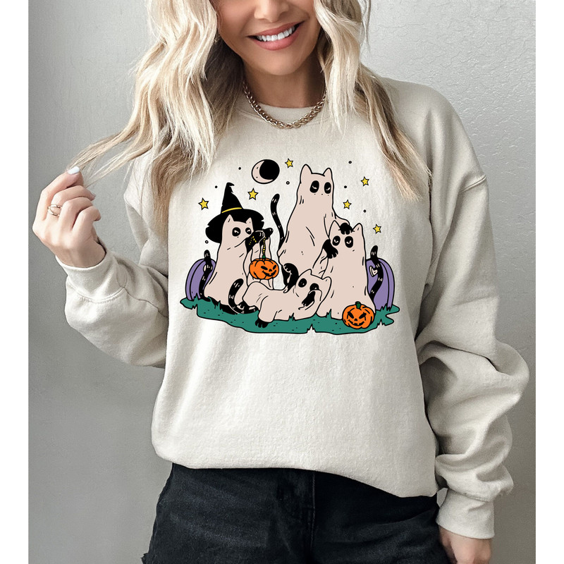 Ghost Cat Halloween Shirt, Halloween Cat Sweatshirt, Cute Black Cat Shirt, Witch Cat Tee, Cat Pumpkin Shirt, Halloween Gift For Cat Lovers.jpg