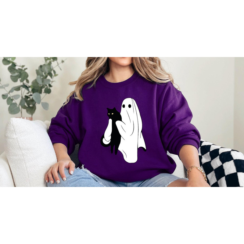 Ghost Holding Black Cat Halloween Sweatshirt, Cute Ghost Halloween Shirt, Black Cat Halloween Shirt, Spooky Season, Womens Halloween Shirt.jpg