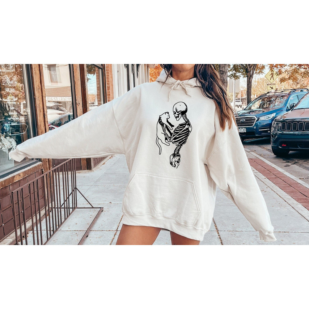 Skeleton Sweatshirt, Skeleton And Cat Hoodie, Halloween Sweatshirt, Women Halloween Hoodie, Halloween Gift Cat Lovers, Fall Shirt, Cat Mom.jpg