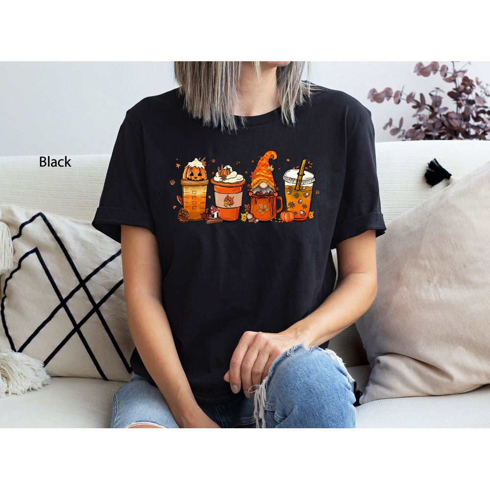 Fall Coffee Shirt, Fall Gnomes T-Shirt, Gnome Halloween Shirt, Thanksgiving Gnome T-Shirt, Pumpkin Shirt, Coffee Lover, Autumn Tee, Fall Tee.jpg