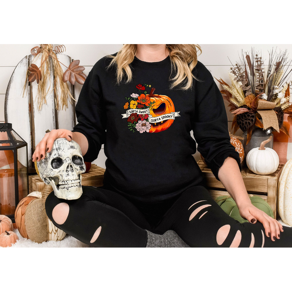 Sweet Sorta Spooky Shirt, Flower Pumpkin Shirt, Halloween Pumpkin Tee, Horror Shirt, Halloween Party Gift, Sarcasm Tee, Spooky Season Tshirt.jpg