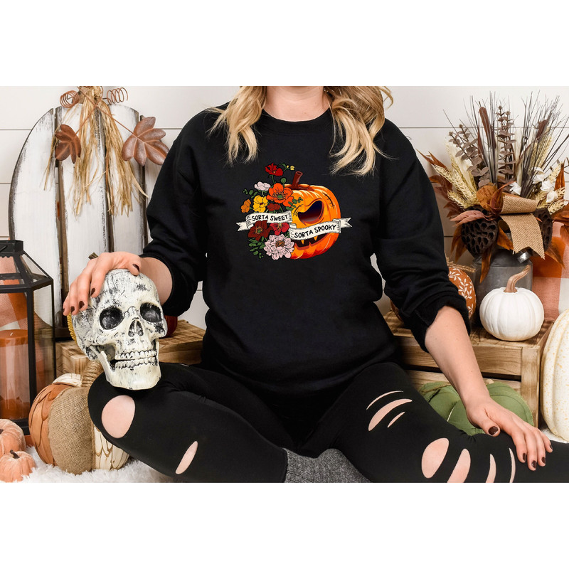 Sweet Sorta Spooky Shirt, Flower Pumpkin Shirt, Halloween Pumpkin Tee, Horror Shirt, Halloween Party Gift, Sarcasm Tee, Spooky Season Tshirt.jpg