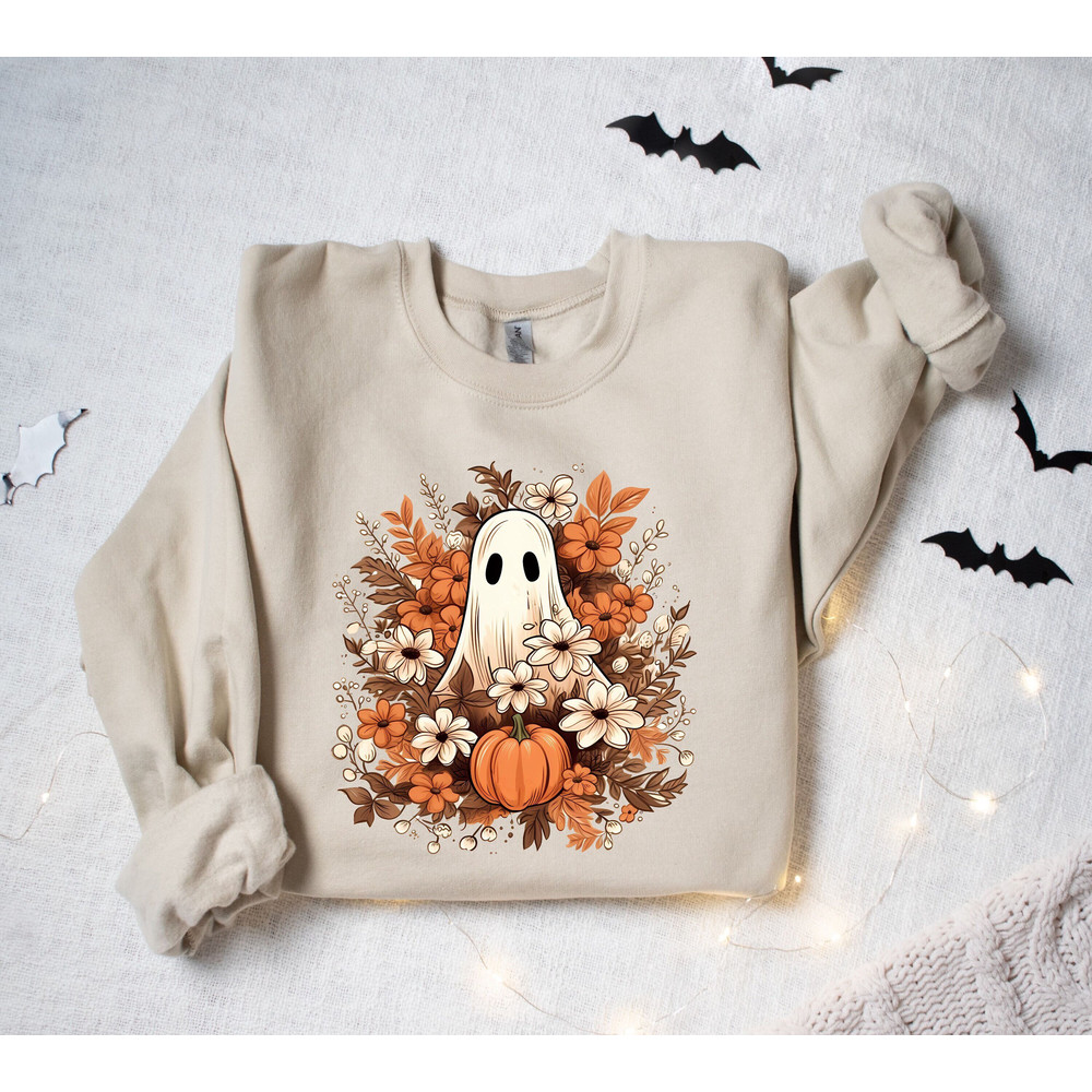 Floral Ghost Sweatshirt, Halloween Ghost Sweatshirt, Flower Halloween Sweatshirt, Funny Halloween Sweater, Halloween Gift, Fall Sweatshirt.jpg