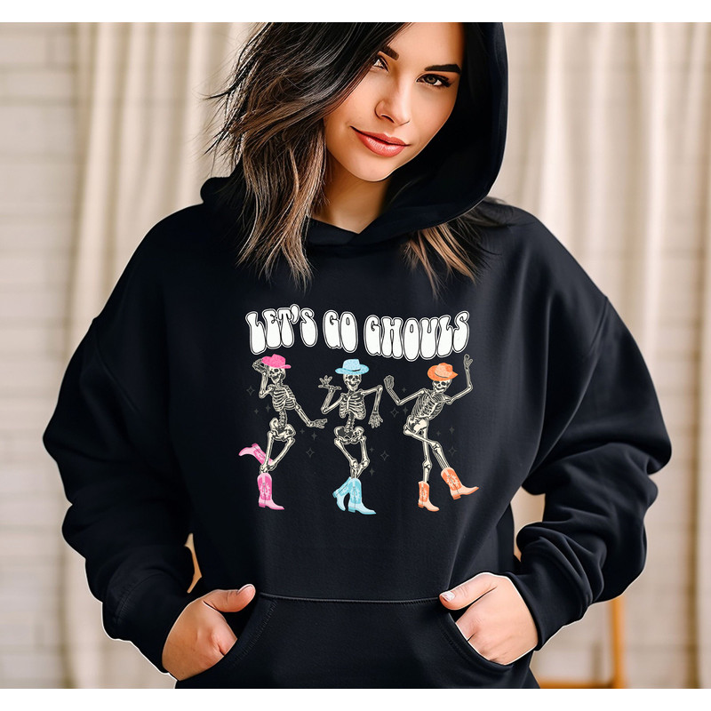 Let's Go Ghouls Sweatshirt, Halloween Sweatshirt, Dancing Skeleton Ghost Sweatshirt, Skeleton Sweatshirt, Halloween Costume, Halloween Gift.jpg
