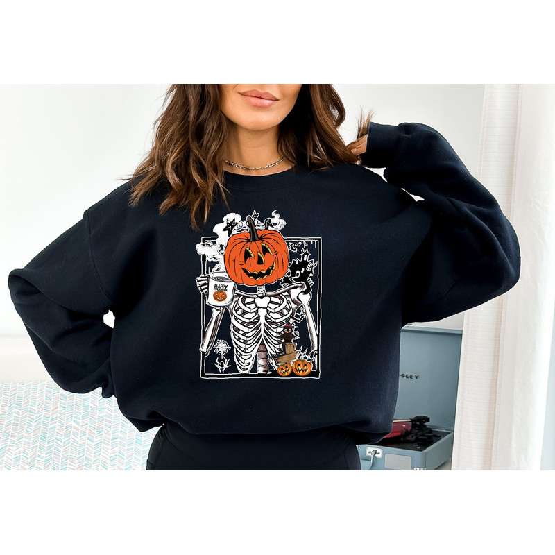 Halloween Skeleton Pumpkin Sweatshirt, Dancing Skeleton Shirt, Halloween Sweater, Pumpkin Sweatshirt, Spooky Skeleton Shirt, Fall Sweatshirt.jpg